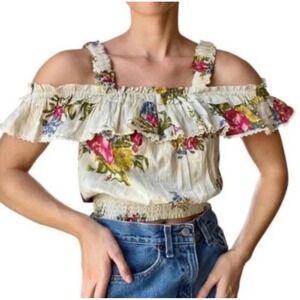 House of Harlow 1960 ivory floral Helena ruffle cottagecore tank top boho size s